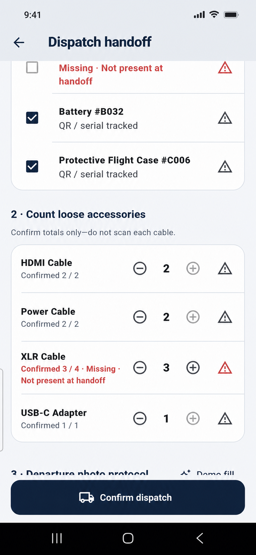 Relay AV dispatch checklist showing individually verified AV equipment and a missing item