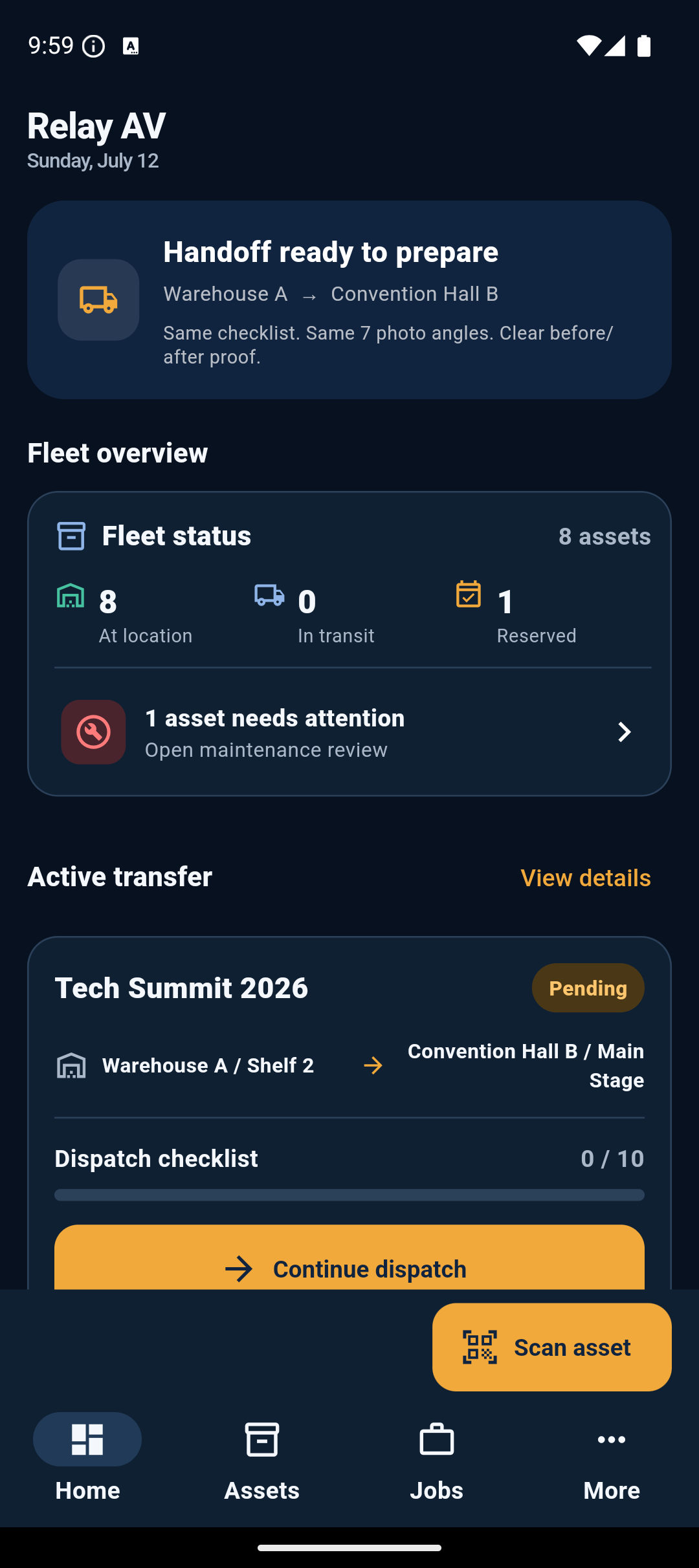Relay AV operations dashboard showing fleet status, an asset needing attention, and an active transfer