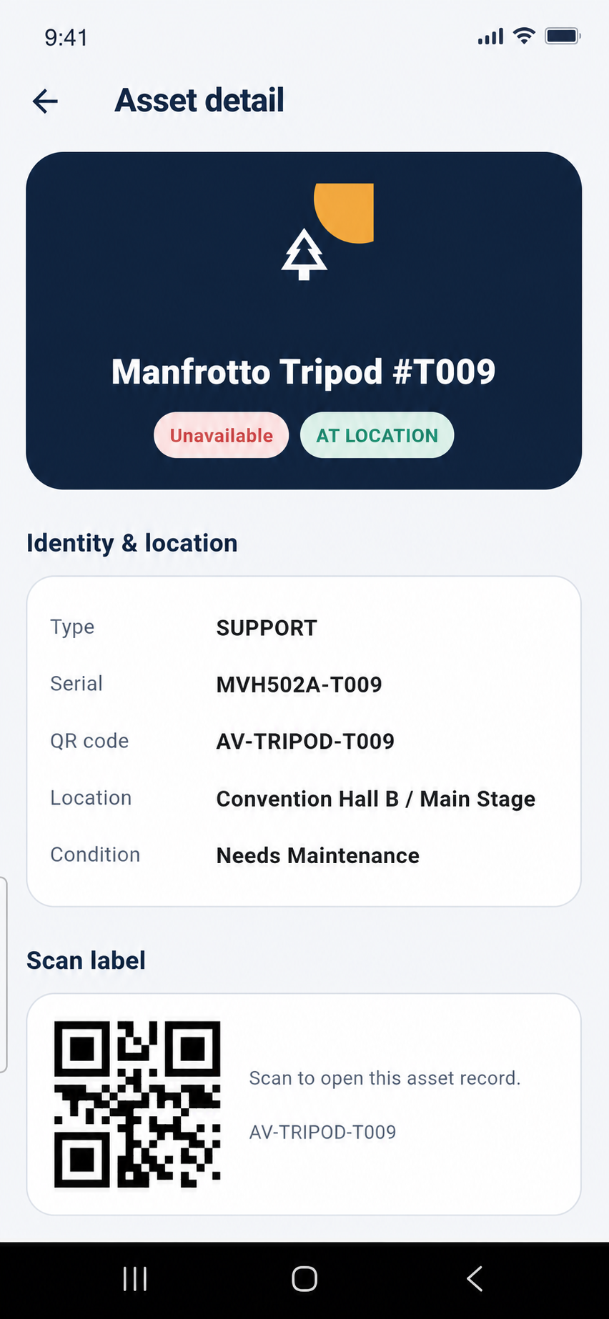 Relay AV asset record showing an equipment QR label and maintenance condition